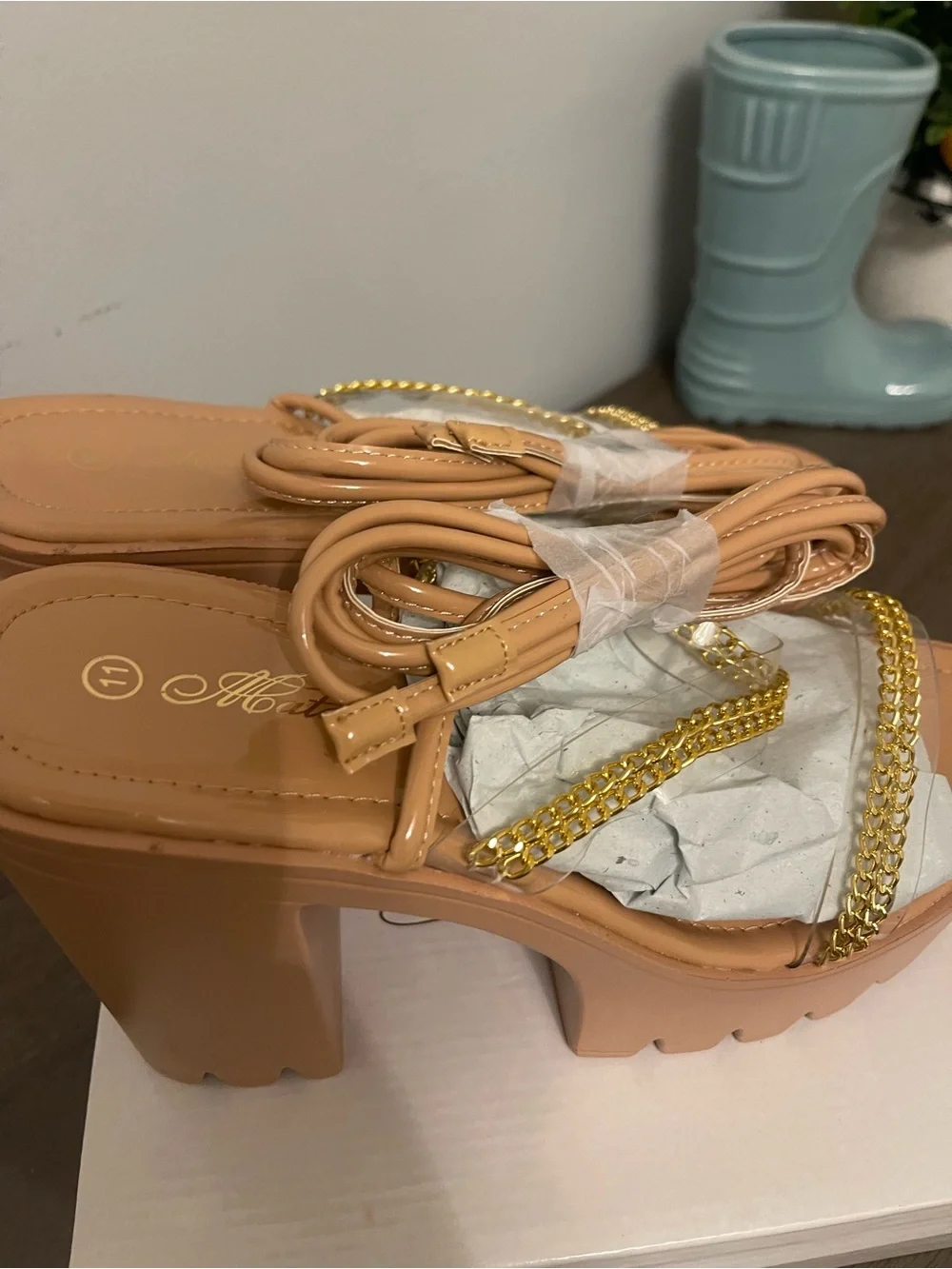 Chunky Platform Sandals with Gold Chain Accent - Nude